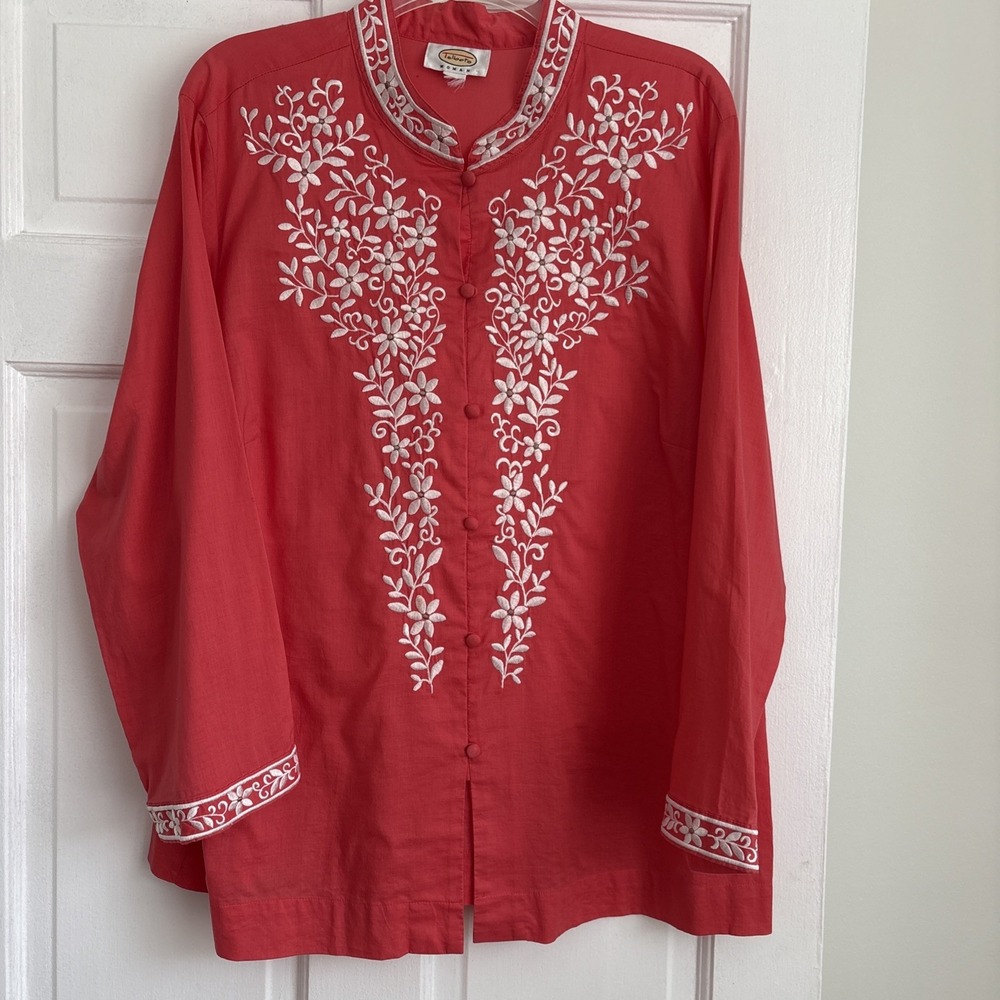 Talbots Woman Red Embroidered Cotton Blouse Floral Mandarin Collar Plus Size 2X